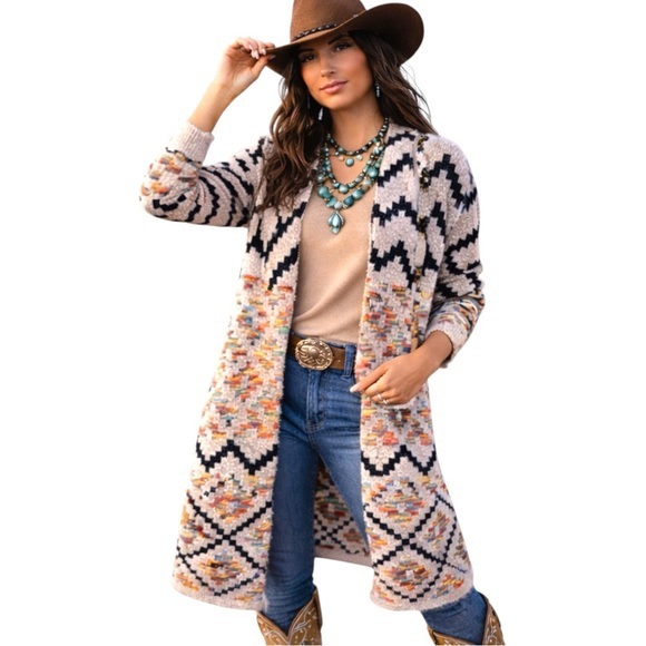 debut Sweaters - Debut Multicolor Southwestern Aztec Open Front Cardigan Medium Boho Western